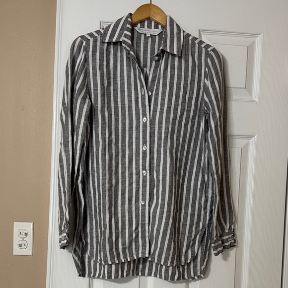 Crown Linen Designs Tops - Striped Gray and White Women’s Tunic Style Shirt